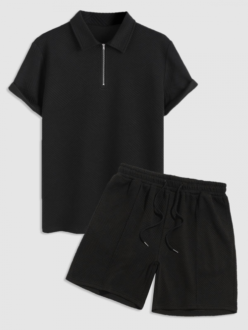 ZAFUL Men's ZAFUL Geometric Jacquard Textured Polo Collar T-shirt and Shorts Sports Set L Black