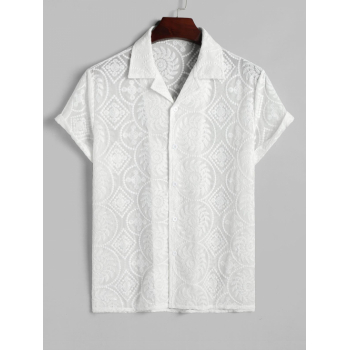 ZAFUL Men's ZAFUL Men's See-through Sheer Openwork Flower Jacquard Button Front Short Sleeves Shirt M White