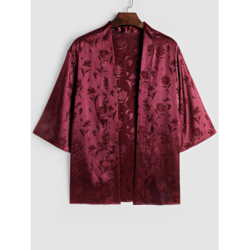 ZAFUL Men's ZAFUL Men's Silky Satin Rose Printed Open Front Kimono Shirt Xl Deep red