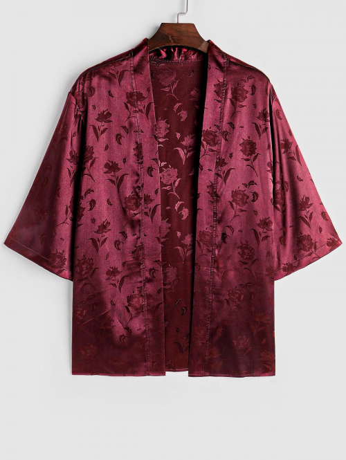 ZAFUL Men's ZAFUL Men's Silky Satin Rose Printed Open Front Kimono Shirt Xl Deep red