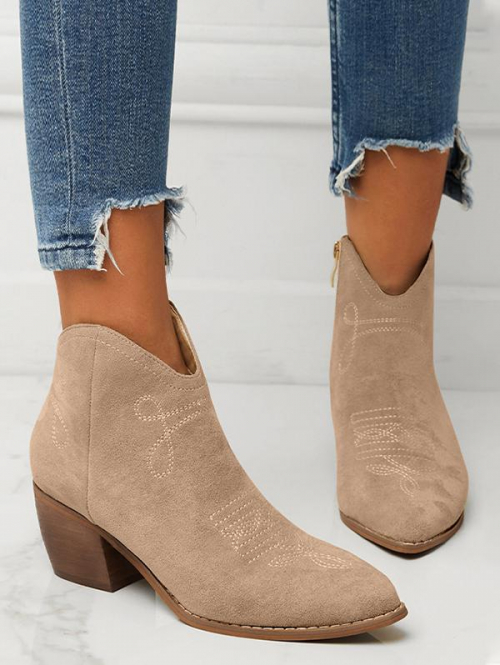 ZAFUL Women Faux Suede Topstitching Detail Chunky Heel Ankle Boots