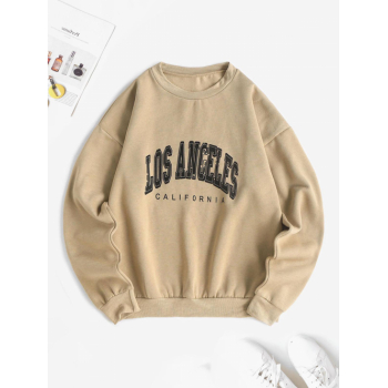 Women Hoodies Flocking Lined Los Angeles Print Drop Shoulder Sweatshirt S Light coffee