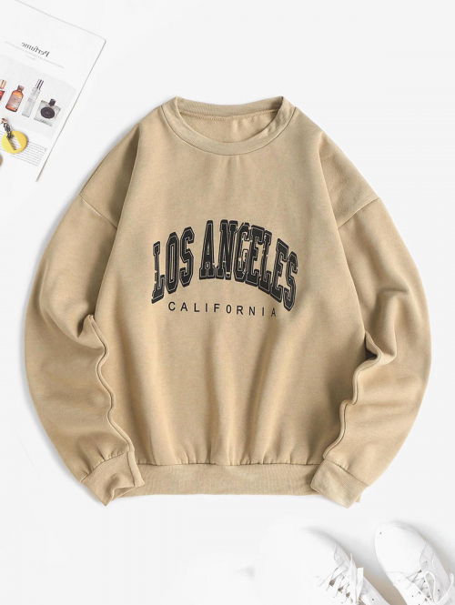 Women Hoodies Flocking Lined Los Angeles Print Drop Shoulder Sweatshirt S Light coffee