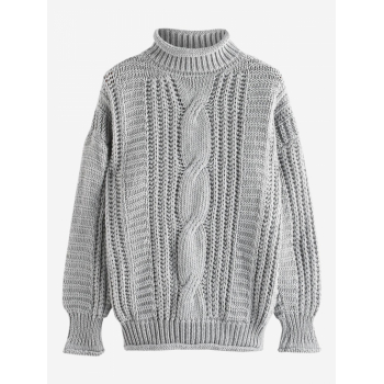 Women Mock Neck Cable Knit Sweater S Light gray