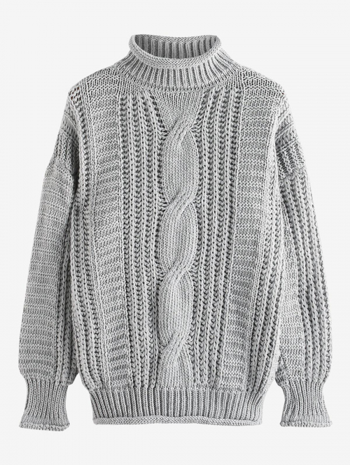 Women Mock Neck Cable Knit Sweater S Light gray