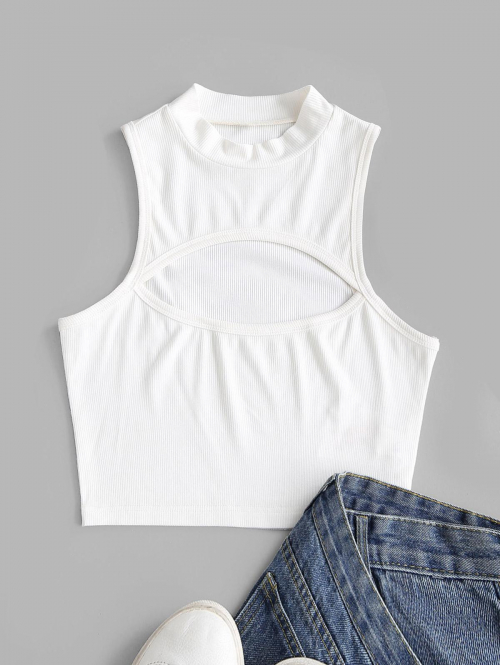 Women Tank Tops ZAFUL Ribbed Cutout Mock Neck Tank Top M White