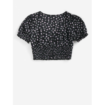 Women Blouses ZAFUL Shirred Buttons Puff Sleeve Floral Blouse M Black