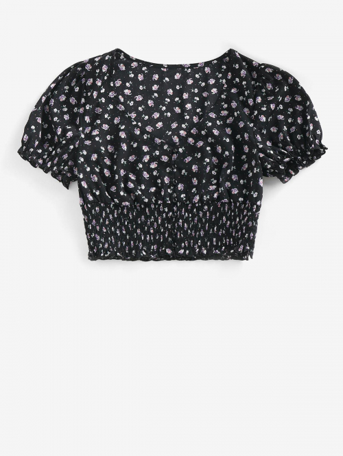 Women Blouses ZAFUL Shirred Buttons Puff Sleeve Floral Blouse M Black