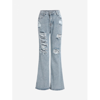 Shredded Distressed Split Hem Flare Jeans M Blue