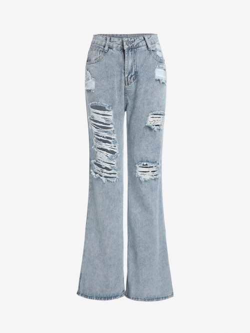 Shredded Distressed Split Hem Flare Jeans M Blue