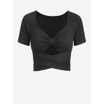 Fashion Women Tees ZAFUL Ribbed Knot Raglan Sleeve Cutout Criss Cross Tie Back Crop T Shirt M Black