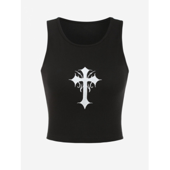 Women Tank Tops Ribbed Cross Embroidered Crop Tank Top S Black