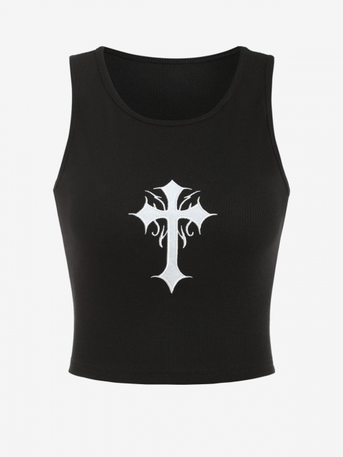 Women Tank Tops Ribbed Cross Embroidered Crop Tank Top S Black