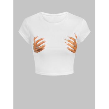 Fashion Women Tees 3D Hands Trompe L'oeil Illusion Print Baby Crop T Shirt S White