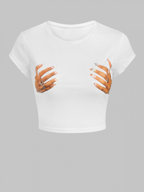 Fashion Women Tees 3D Hands Trompe L'oeil Illusion Print Baby Crop T Shirt S White