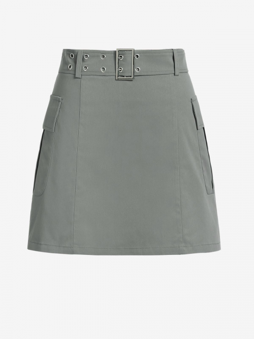 ZAFUL Double Grommet Belted Mini Cargo Skirt L Gray