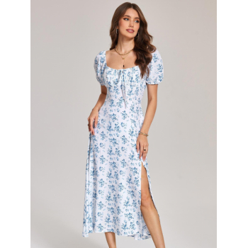 Mini Dress ZAFUL Puff Short Sleeves Floral Print High Waist Vacation Milkmaid Midi Dress L Blue