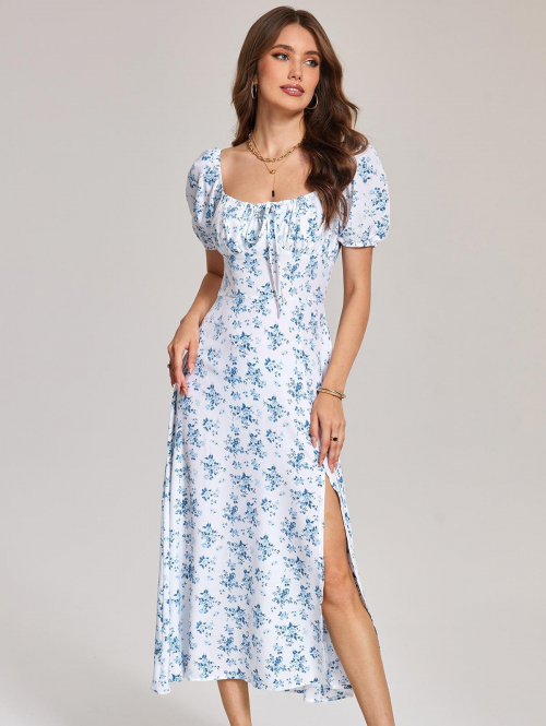 Mini Dress ZAFUL Puff Short Sleeves Floral Print High Waist Vacation Milkmaid Midi Dress L Blue