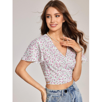 Women Blouses ZAFUL V Neck Tiny Floral Cropped Wrap Top L