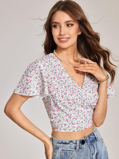 Women Blouses ZAFUL V Neck Tiny Floral Cropped Wrap Top L