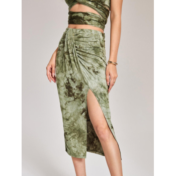 ZAFUL Thigh High Slit Tie Dye Draped Ruched Midi Skirt S Light green