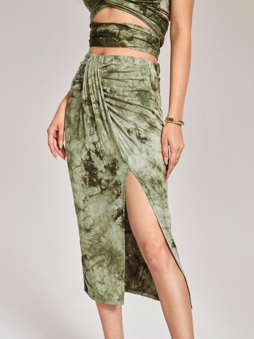 ZAFUL Thigh High Slit Tie Dye Draped Ruched Midi Skirt S Light green