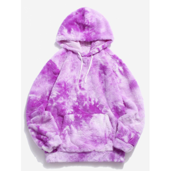 ZAFUL Men's Kangaroo Pocket Tie Dye Pattern Faux Fur Fluffy Hoodie L Purple