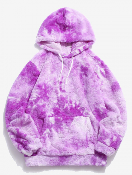 ZAFUL Men's Kangaroo Pocket Tie Dye Pattern Faux Fur Fluffy Hoodie L Purple