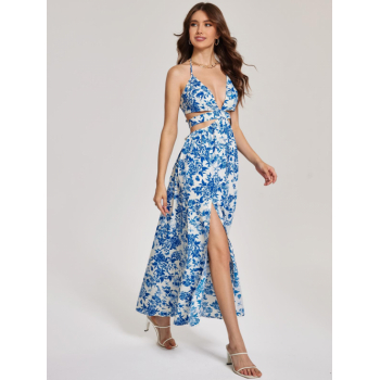 Print ZAFUL Women's Summer Vacation Tied Open Back Floral Print Cut Out Thigh High Slit Halter Midi Dress L Blue