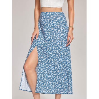 ZAFUL Ditsy Print Slit Midi Skirt M Blue