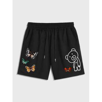 Bear and Butterflies Pattern Drawstring Sweat Shorts M Black