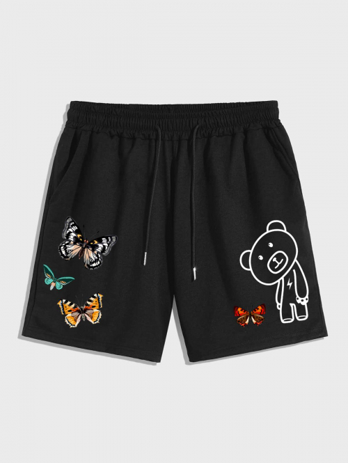 Bear and Butterflies Pattern Drawstring Sweat Shorts M Black