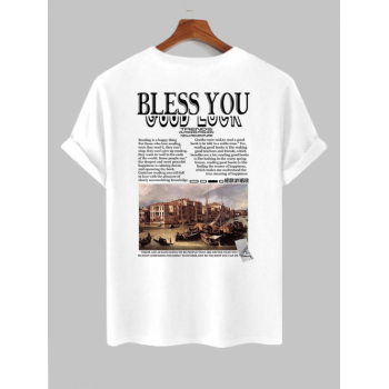 ZAFUL Men's Men's BLESS YOU Letter City Landscape Print Short Sleeves Crew Neck T-shirt M White