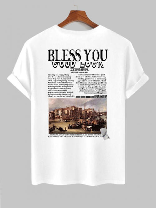 ZAFUL Men's Men's BLESS YOU Letter City Landscape Print Short Sleeves Crew Neck T-shirt M White