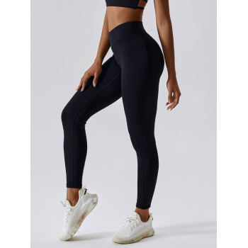 Women Sports Side Pockets High Waisted Scrunch Butt Leggings M Black