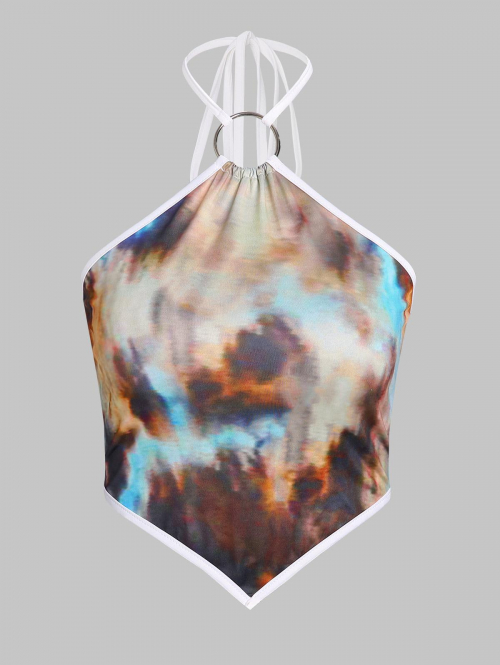 Women Tank Tops ZAFUL Abstract Print O Ring Halter Hanky Hem Napkin Tank Top L