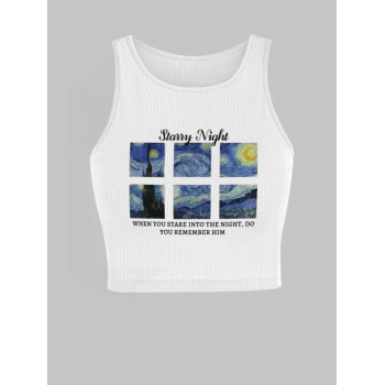 Women Tank Tops Ribbed Letter Galaxy Graphic Printed Sporty Crop Baby Tank Top S White