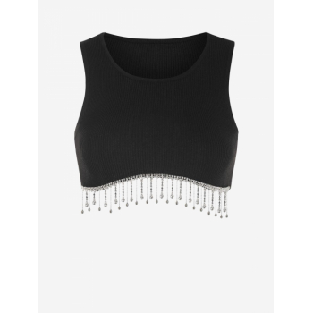 Women Tank Tops Rib Knit Diamante Fringed Crop Tank Top Black