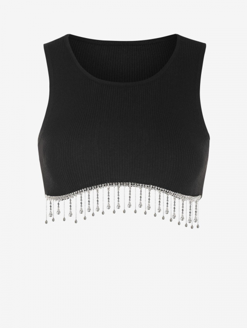 Women Tank Tops Rib Knit Diamante Fringed Crop Tank Top Black