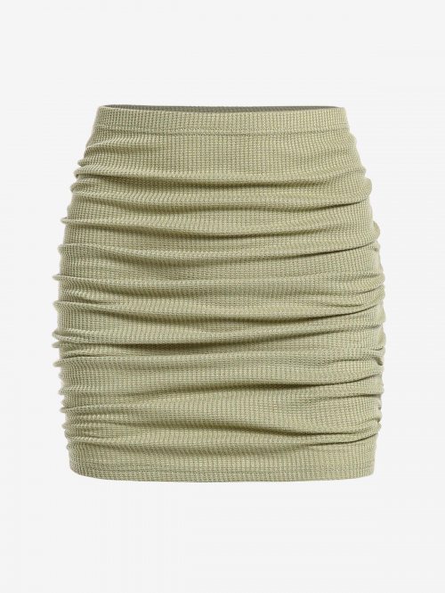 ZAFUL Women's Sexy Club Night Out Knitted Ruched Mini Bodycon Skirt L Light green