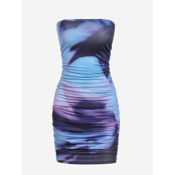 Mini Dress ZAFUL Women's Sexy Club Tie Dye Ruched Bandeau Mini Tube Dress M