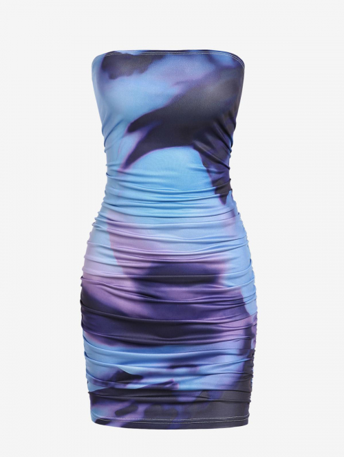 Mini Dress ZAFUL Women's Sexy Club Tie Dye Ruched Bandeau Mini Tube Dress M