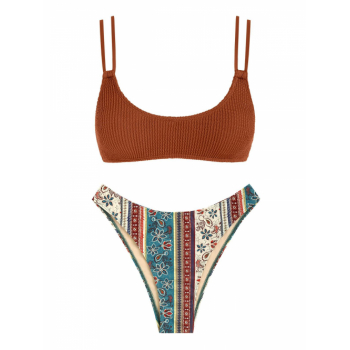 Women's Dual Strap Crinkle Ethnic Print Boho Cheeky Bikini Set Two Piece Swimwear L Coffee