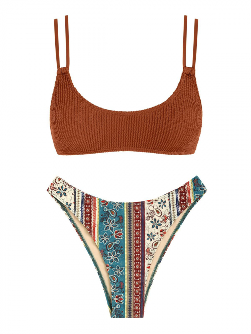 Women's Dual Strap Crinkle Ethnic Print Boho Cheeky Bikini Set Two Piece Swimwear L Coffee