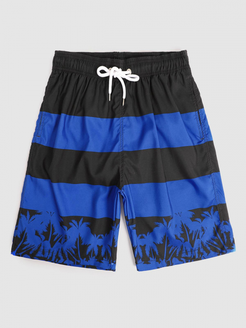 ZAFUL Men's Colorblock Striped Coconut Tree Pattern Board Shorts M Blue