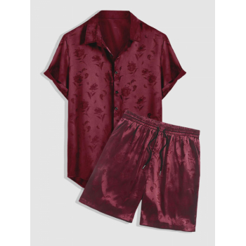 ZAFUL Men's Men's Jacquard Silky Satin Floral Print Rose Pattern Button Front Short Sleeve Shirt And Shorts Set Deep red