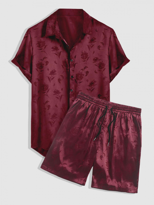 ZAFUL Men's Men's Jacquard Silky Satin Floral Print Rose Pattern Button Front Short Sleeve Shirt And Shorts Set Deep red