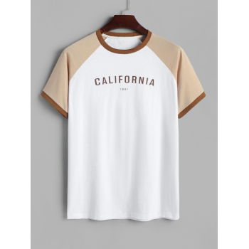 ZAFUL CALIFORNIA Letter Raglan Short Sleeves Colorblock 100% Cotton T Shirt L Light coffee