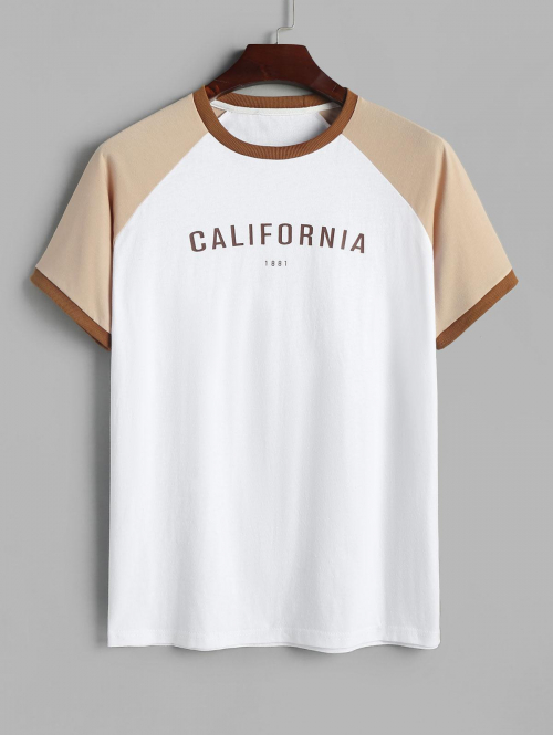 ZAFUL CALIFORNIA Letter Raglan Short Sleeves Colorblock 100% Cotton T Shirt L Light coffee