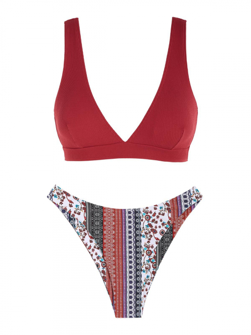 Women's Mix and Match Textured Plunge Boho Ethnic Floral Print Cheeky Bikini Set Swimwear Red